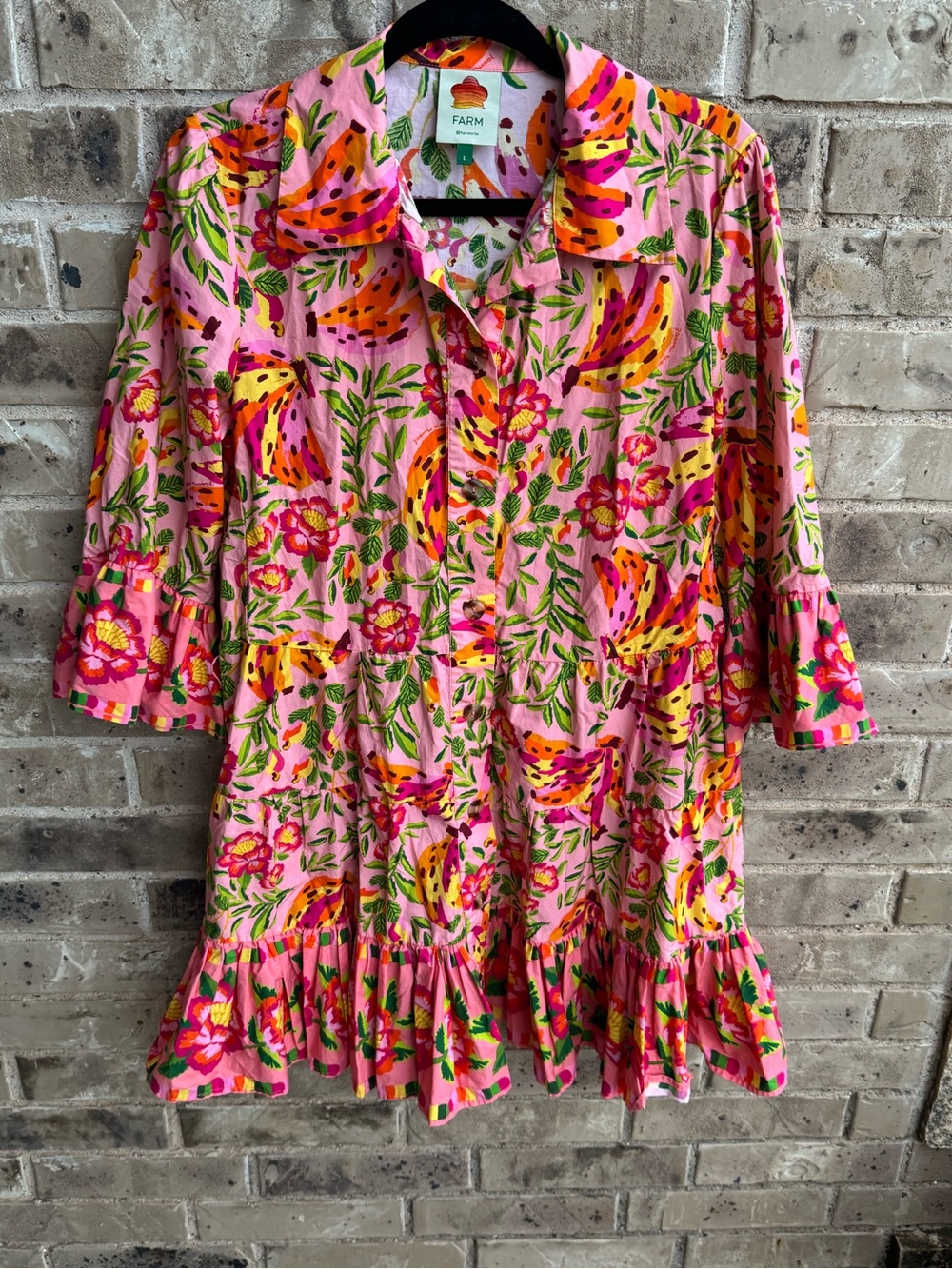 Farm Rio Painted Bananas Ruffle Shirt Midi Dress Size Large - Picture 3 of 14